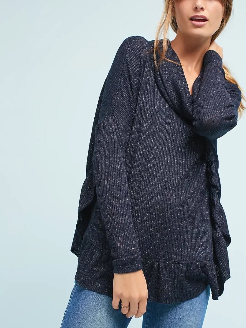 Anthropologie - POSTMARK - Shine Ruffled Cowl Neck Pullover. Oversized! XS/S